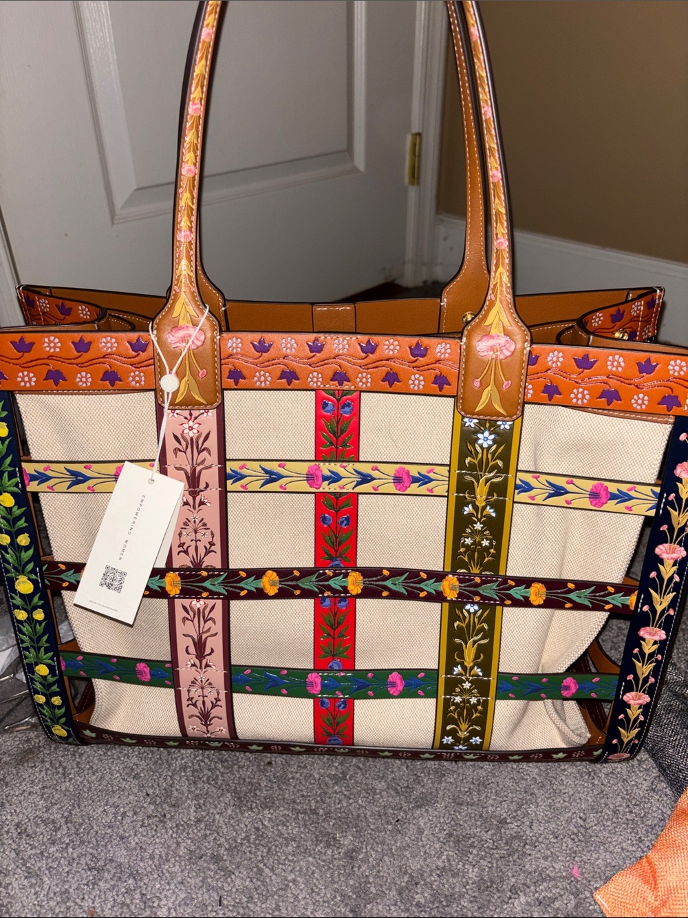 Tory Burch Floral Embroidered Cream Canvas Tote with Brown Trim - Picture 4 of 12